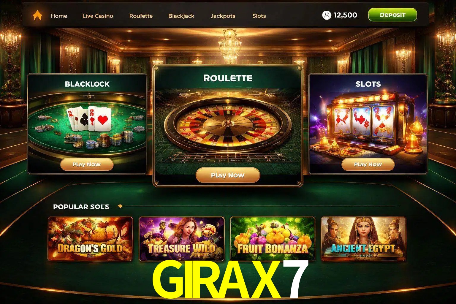 Vista de la plataforma GIRAX7 Casino mostrando categorías organizadas de juegos en línea