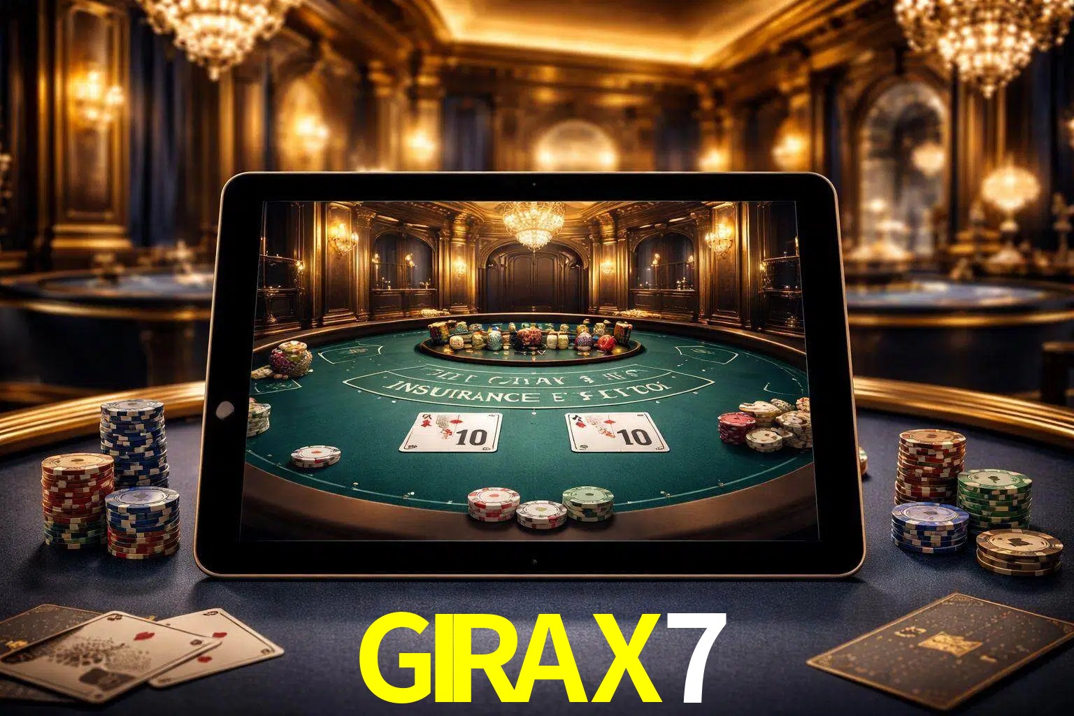 Configuración moderna de casino en vivo con una tableta mostrando una mesa de blackjack, luces cálidas de estudio y una atmósfera elegante de juegos digitales.
