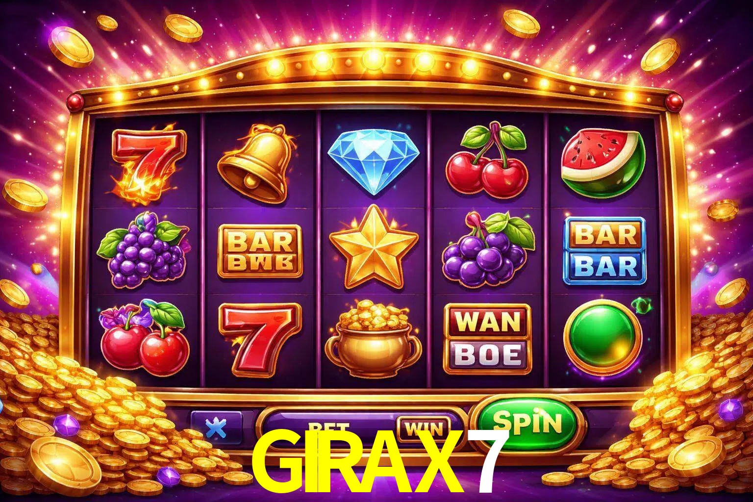 Una interfaz colorida de tragamonedas en línea con símbolos brillantes, monedas y un efecto de victoria celebratoria en GIRAX7.