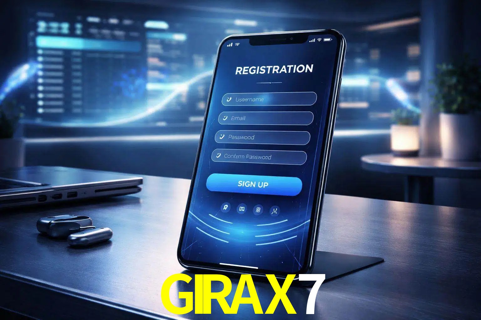 Una interfaz moderna de registro móvil para GIRAX7 mostrada en un smartphone con un panel de apuestas elegante.